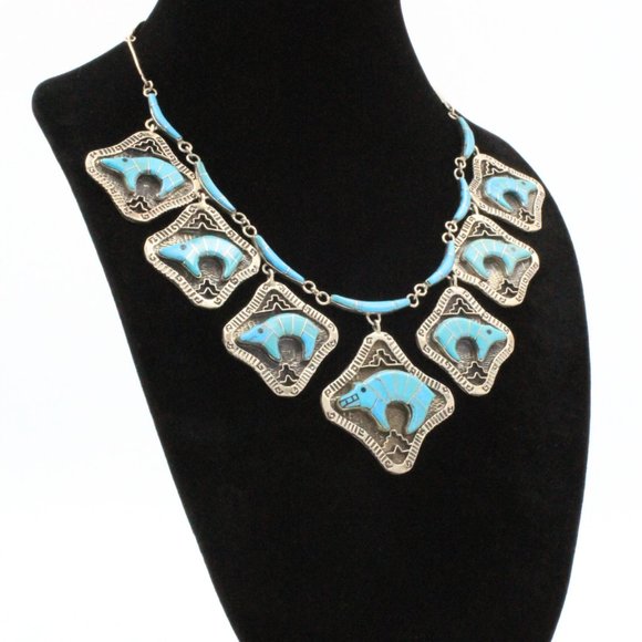 Stamped Derrick Cadman Navajo Sterling Silver Bear Inlaid Turquoise Necklace Set - Picture 6 of 11